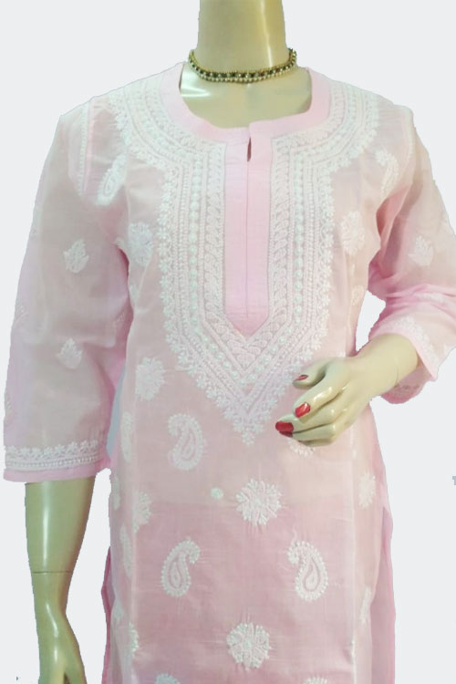 pink Hand Embroidered Lucknowi Chikankari Long Kurti (Georgette) Bust-40 inch 71113