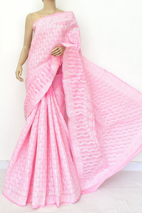 Pink Allover Hand Embroidered Lucknowi Chikankari Saree (With Blouse - Cotton) Full Jaal 14859