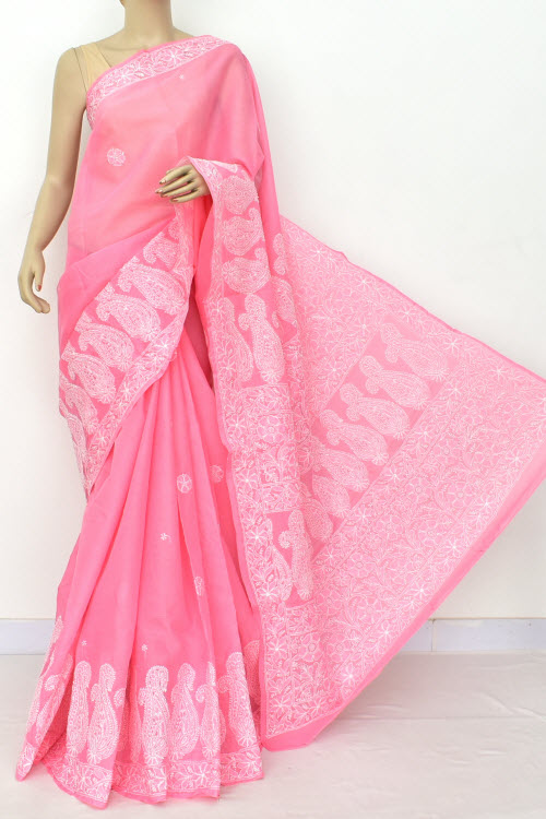 Carrot Hand Embroidered Lucknowi Chikankari Saree (With Blouse - Cotton) Rich Border And Pallu 14891