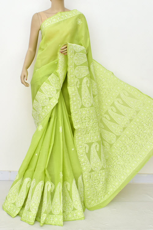 Pista Green Hand Embroidered Lucknowi Chikankari Saree (With Blouse - Cotton) Rich Border And Pallu 14894