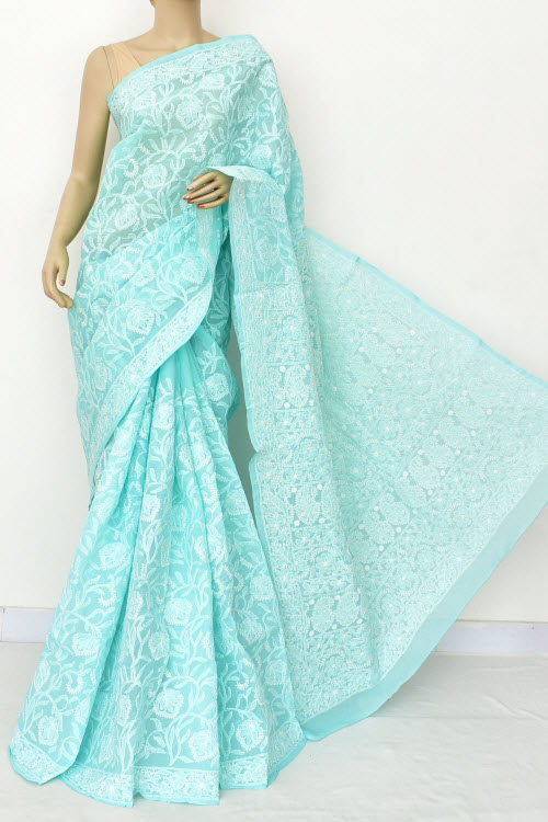 Sea Green Allover Hand Embroidered Lucknowi Chikankari Saree (With Blouse - Cotton) Full Jaal 14906