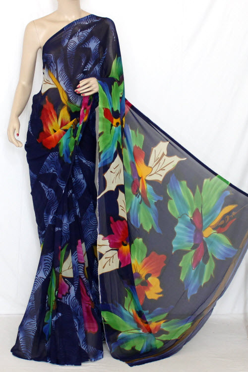 Navy Blue Printed wrinkle Georgette Saree (With Blouse) 13379