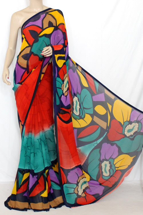 Red Printed Wrinkle Georgette Saree (With Blouse) 13386