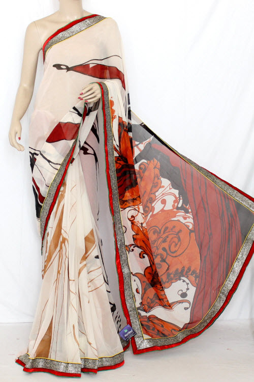 Off-White Mustared Printed Wrinkle Georgette Saree (With Blouse) 13387 