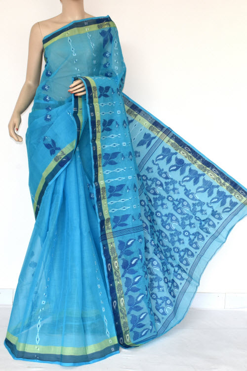 Pherozi Blue Handwoven Bengali Tant Cotton Saree (Without Blouse) 14055