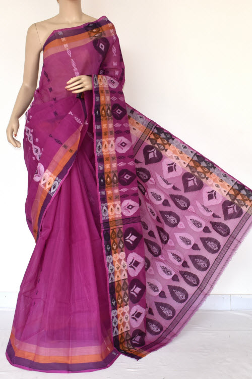 Magenta Handwoven Bengali Tant Cotton Saree (Without Blouse) 14170