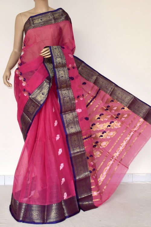 Pink Handwoven Bengal Tant Cotton Saree (Without Blouse) Zari Border Rich Pallu 14257