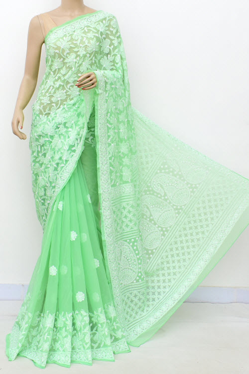 Purple - Hand Embroidered Pure Mul Cotton Lucknowi Chikan Saree 09