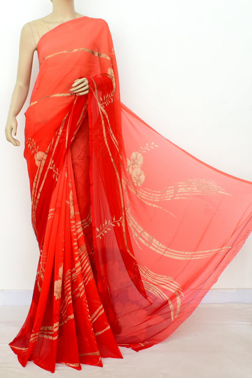 Red Exclusive Printed Semi-Chiffon Saree (with Blouse) 16396