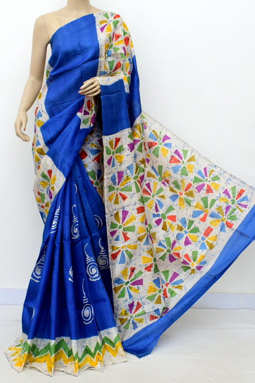 Royal Blue Handloom Double Knitted Batik Print Pure Silk Saree (With Blouse) 16369