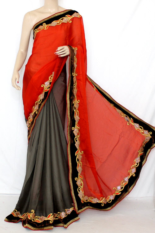 Rust & Grey Half-Half Saree Georgette Fabric (With attached Blouse) 13349