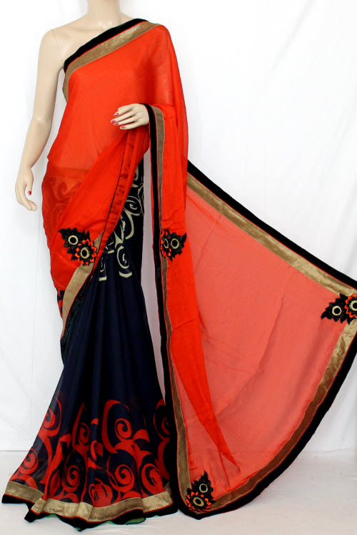 Rust & Nevy Blue Half-Half Saree Georgette Fabric (With attached Blouse) 13352