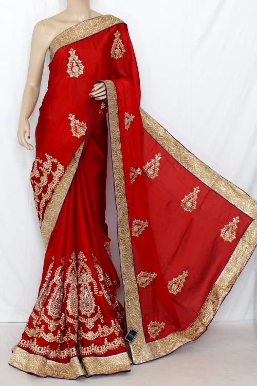 Red Exclusive Embroidered Saree Georgette Fabric (With Contrast Blouse) 13366