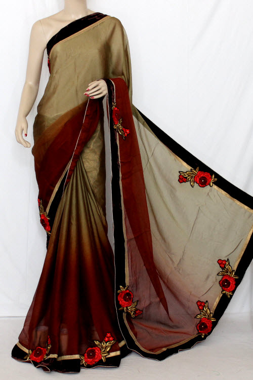 Fawn & Brown Floral Motifs Shaded Saree Georgette Fabric (With attached Golden Blouse) 13371