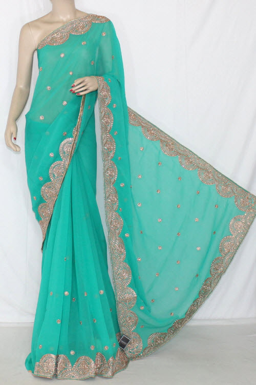 Green Embroidered Crepe Georgette Fabric (With Unstitched Blouse) 13389