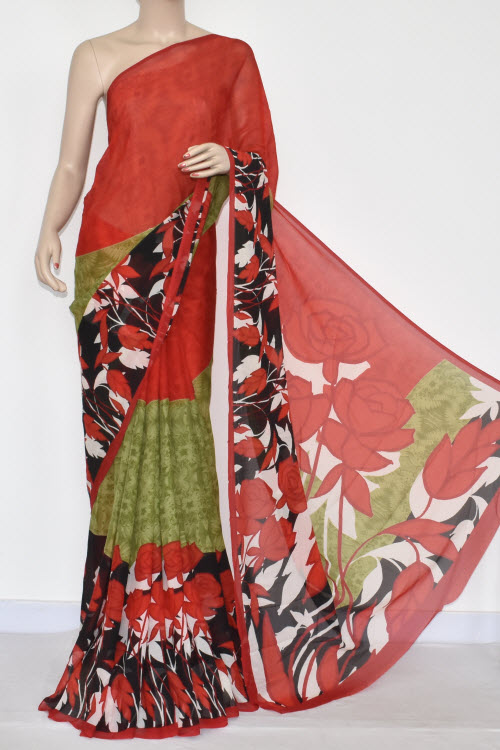 Red Menhdi Green Printed Wrinkle Georgette Saree (With Blouse) 13423
