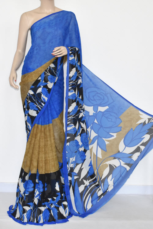 Blue Printed Wrinkle Georgette Saree (With Blouse) 13424