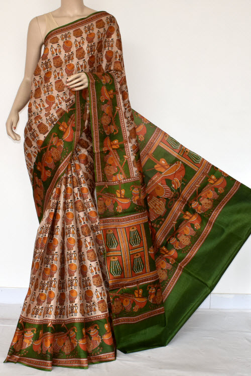 Mustared Green Tusser Art Silk Printed Saree (With Blouse) 13443