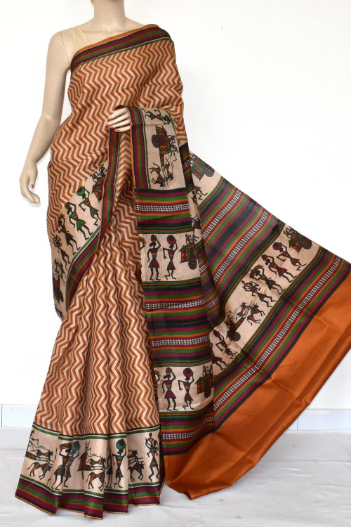 Mustared Tusser Art Silk Printed Saree (With Blouse) 13455
