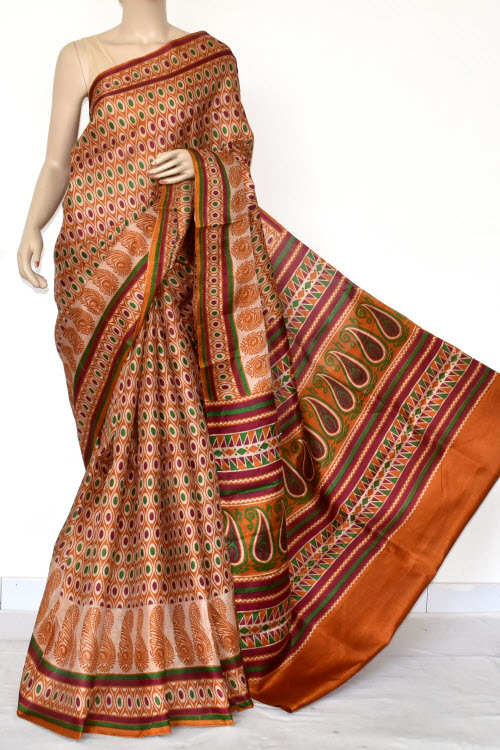 Mustared Tusser Art Silk Printed Saree (With Blouse) 13461