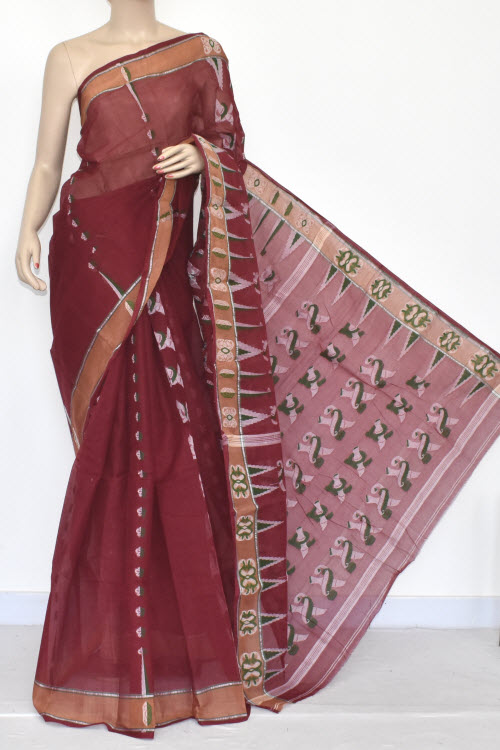 Maroon Handwoven Bengali Tant Cotton Saree (Without Blouse) 14045