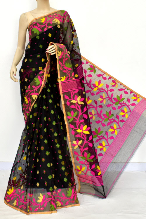 Black-Pink Pure Jamdani Handloom Bengal Tant Cotton Saree (Without Blouse) Rich Pallu 17714