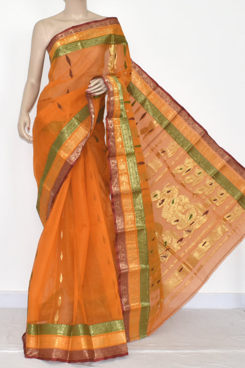 Orange Handwoven Bengali Tant Cotton Saree (Without Blouse) Zari Border 14190