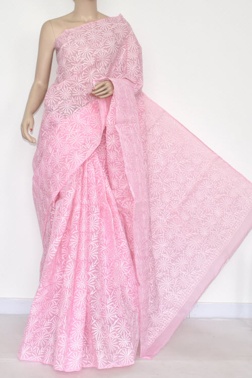 Pink Hand Embroidered Lucknowi Chikankari Saree (With Blouse - Cotton) Allover Tepchi Work 14368