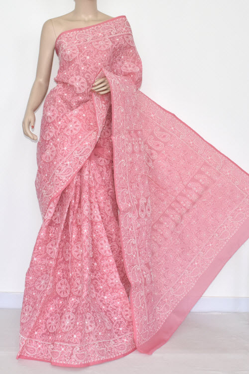 Dark Peach All-over Hand Embroidered Lucknowi Chikankari Saree (With Blouse - Cotton) 14537
