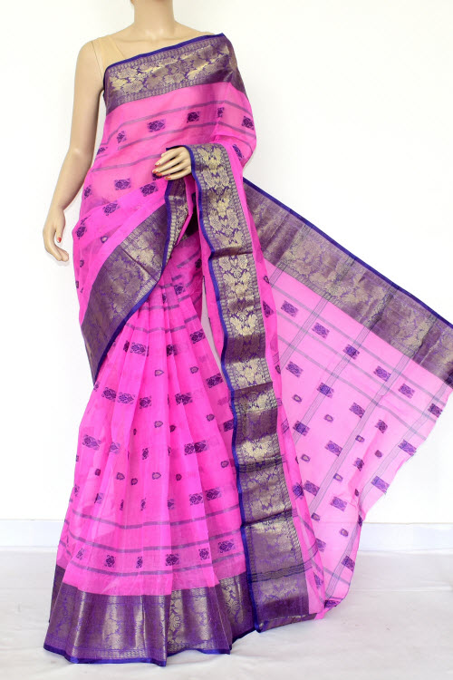 Pink Handwoven Bengal Tant Cotton Saree (Without Blouse) Zari Border 17162
