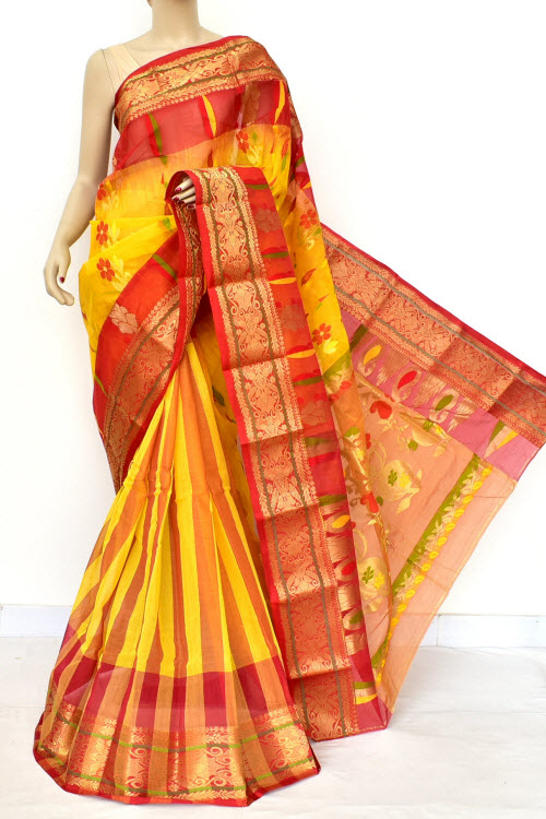 Turmeric Yellow Red Handwoven Bengal Tant Cotton Saree (Without Blouse) Patli Pallu Zari Border 17527