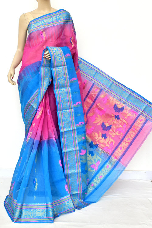 Pherozi Blue Pink Half-Half Handwoven Bengal Tant Cotton Saree (Without Blouse) Zari Border 17534
