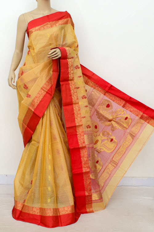 Beige Red Designer Tant Silk Saree (Without Blouse) 17544