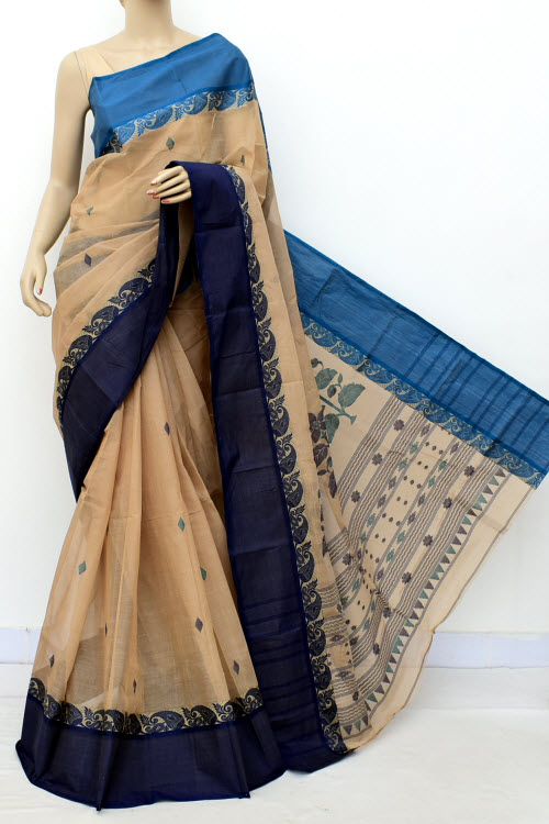 Fawn Exclusive Handwoven Bengal Tant Cotton Saree (Without Blouse) Ganga Yamuna Border 17598