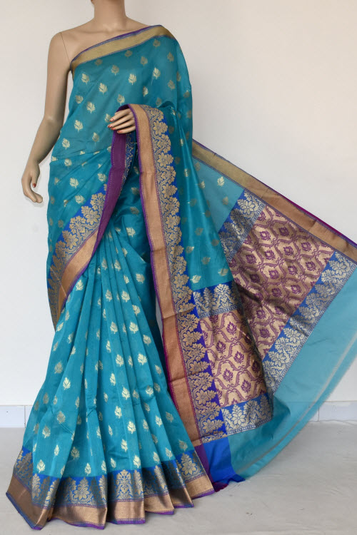 Pherozi Blue Handloom Chanderi Cotton Saree (with Blouse) Allover Resham Weaving 16212