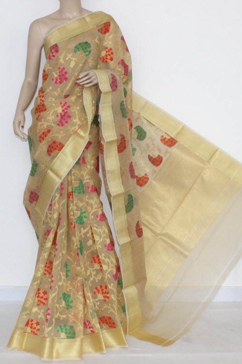 Fawn Banarasi Kora Cot-Silk Printed Handloom Saree (With Blouse) 16114