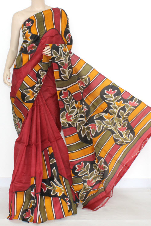 Maroon Designer Handprinted Double Knitted Bishnupuri Pure Silk Saree (With Blouse) 16147