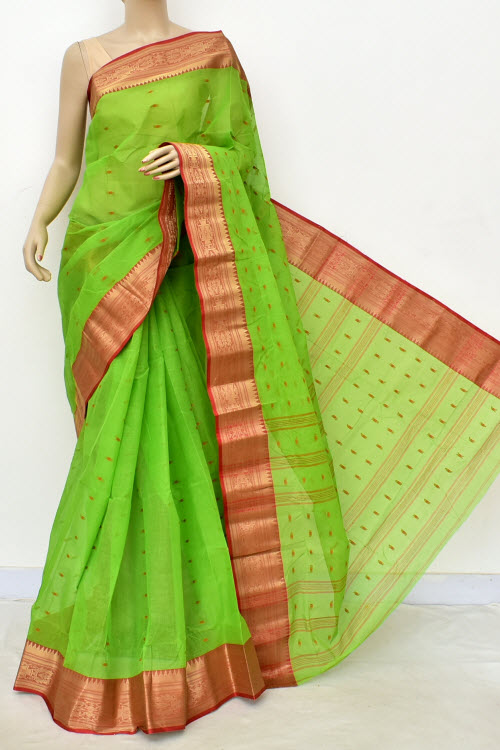 Parrot Green Handwoven Bengali Tant Cotton Saree (Without Blouse) Allover Booti 17207