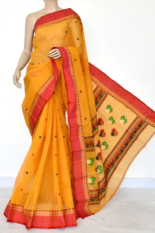 Golden Yellow Handwoven Bengal Tant Cotton Saree (With Blouse) Resham Weaving Garad Border 17241