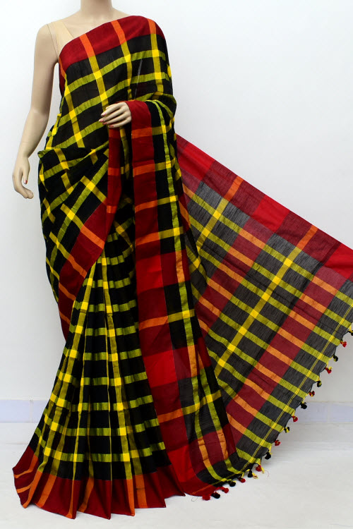 Yellow black Handloom Soft Cotton Saree (With Blouse) Red Border 17659