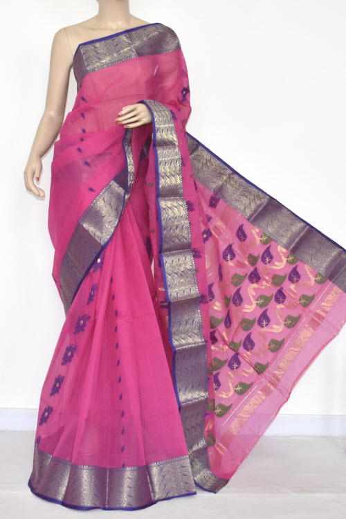 Deep Pink Handwoven Bengal Tant Cotton Saree (Without Blouse) Zari Border 17328