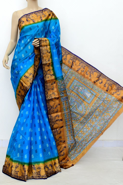 Pherozi Blue Printed Handloom Double Knitted Pure Silk Saree (Without Blouse) 16433