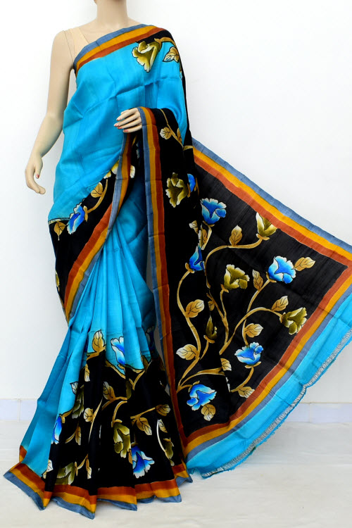 Pherozi Blue Printed Handloom Double Knitted Pure Silk Saree (With Blouse) 16428