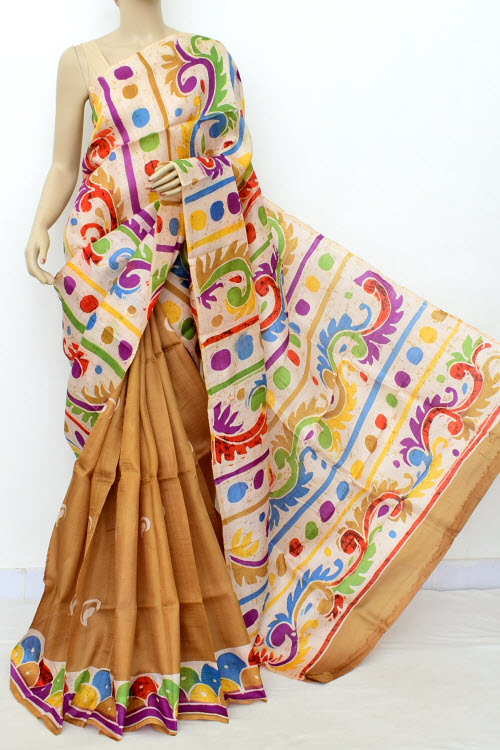 Fawn Batik Print Handloom Double Knitted Pure Silk Saree (With Blouse) Halh-Half 16368