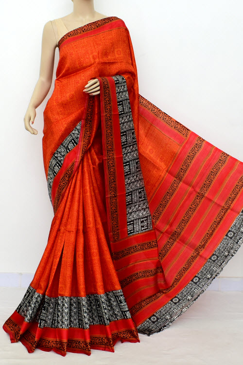 Orange Printed Handloom Double Knitted Pure Silk Saree (With Blouse) 16348