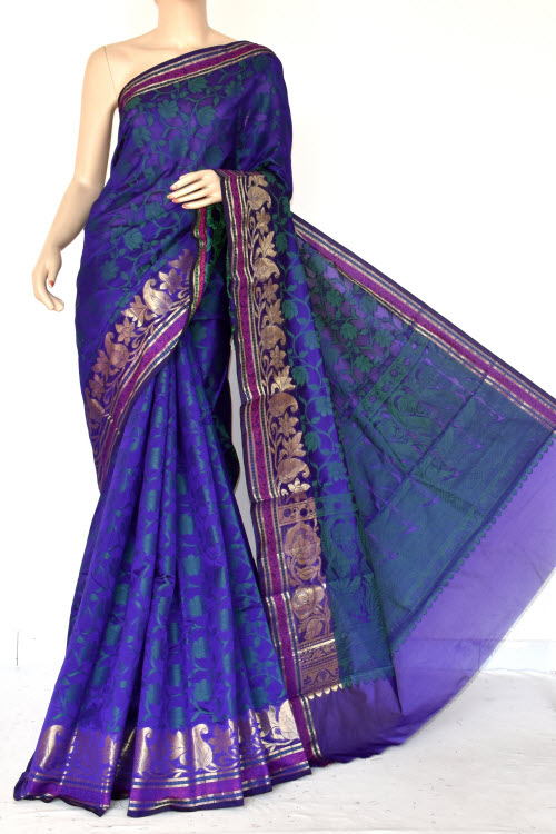 Royal Blue Handloom Banarasi Semi Cotton Saree (with Blouse) Zari Border Resham Weaving 16231