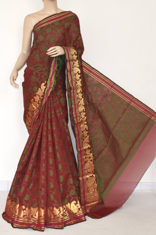 Maroon Handloom Banarasi Semi Cotton Saree (with Blouse) Zari Border Resham Weaving 16233
