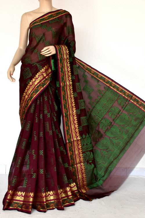 Maroon Handloom Banarasi Semi Cotton Saree (with Blouse) Zari Border Resham Weaving 16226
