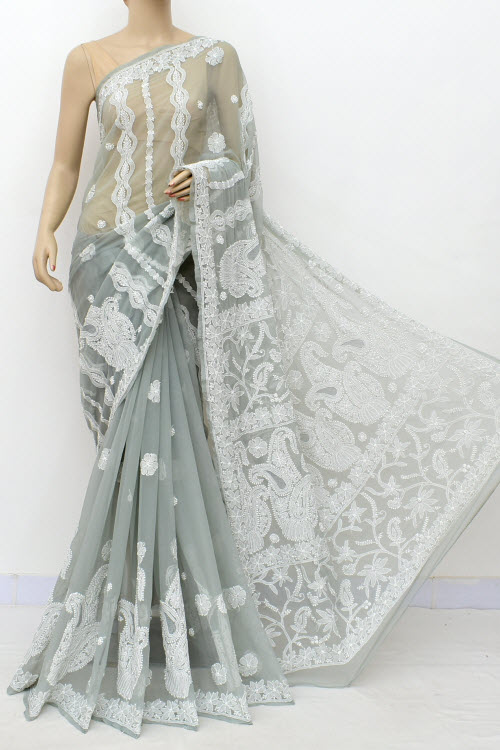 Grey Hand Embroidered Lucknowi Chikankari Saree (With Blouse - Georgette) Rich Pallu 14983