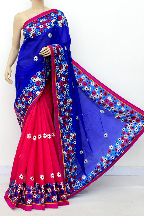 Pink Blue Embroidered Handloom Chanderi Cotton Saree (With Blouse) Half-Half 16323